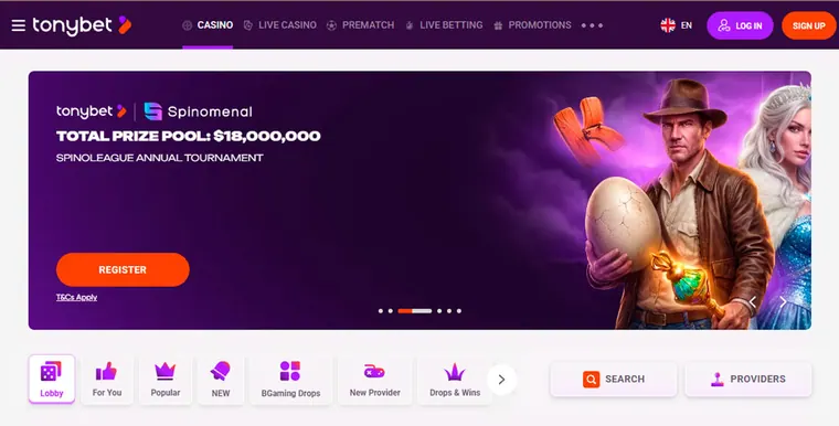 TonyBet Casino Main Page
