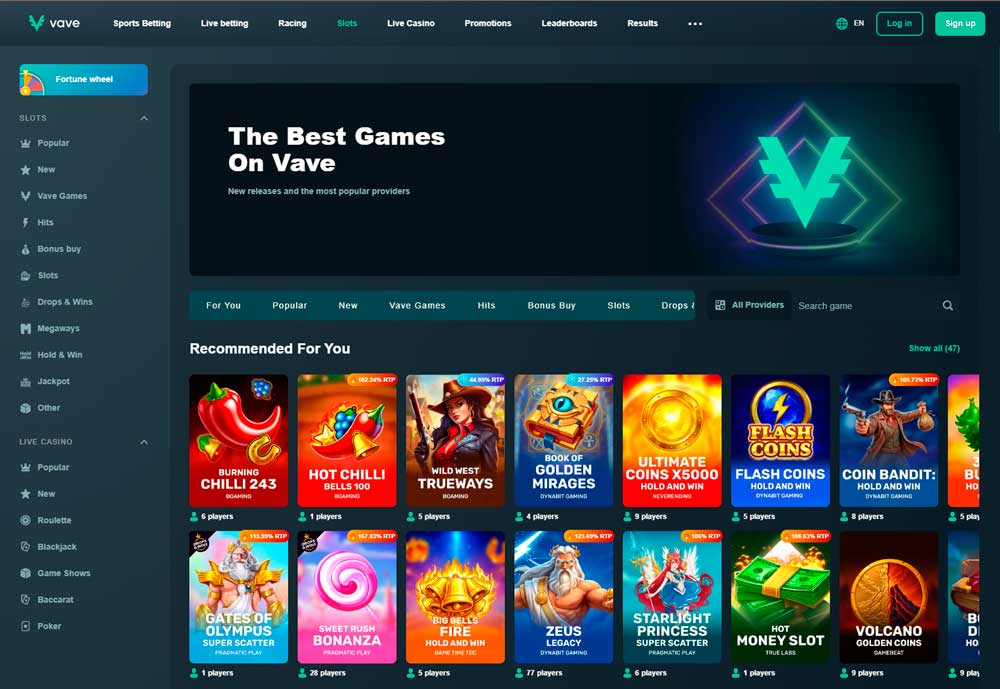 Vave Casino homepage